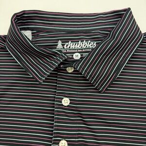 Chubbies Polo Shirt Mens Medium Black  Pink Stripe Stretch Golf Short Sleeve
